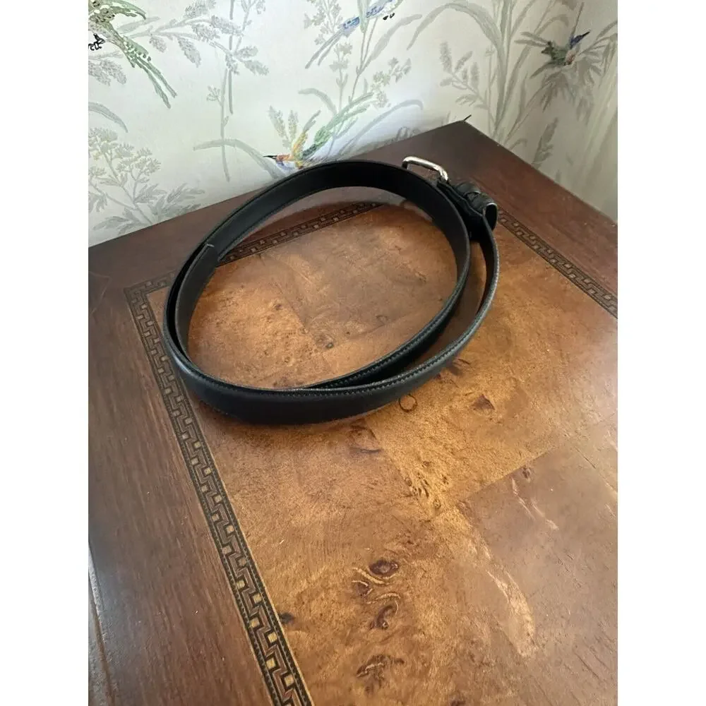 Black Leather Belt Mens Size 42 Silver Tone Buckle made in USA